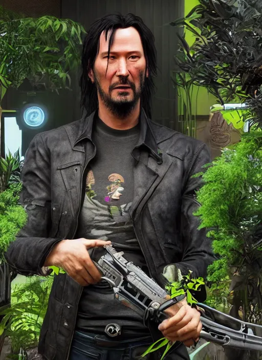 Image similar to wake up samurai, solarpunk, lots of plants, gardening, permaculture, keanu reeves as johnny silverhand, cyberpunk 2 0 7 7, anarchy, realistic, ultra detailed