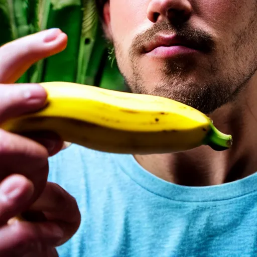 Image similar to flash photography of a high guy staring intently at a banana