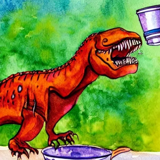 Prompt: a t-rex drinking from a cup of coffee on a sunny day, water color painting, bright, beautiful