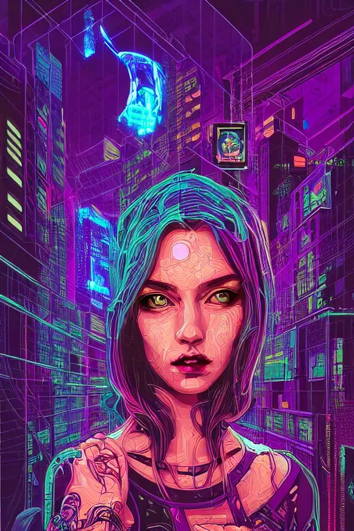 Image similar to dreamy cyberpunk girl, abstract mirrors, digital nodes, beautiful woman, detailed acrylic, grunge, intricate complexity, by dan mumford and by konstantinas ciurlionis