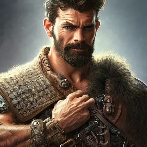 Image similar to portrait of a young, ruggedly handsome ranger, muscular, half body, leather, hairy, d & d, fantasy, intricate, elegant, highly detailed, digital painting, artstation, concept art, smooth, sharp focus, illustration, art by artgerm and greg rutkowski and alphonse mucha