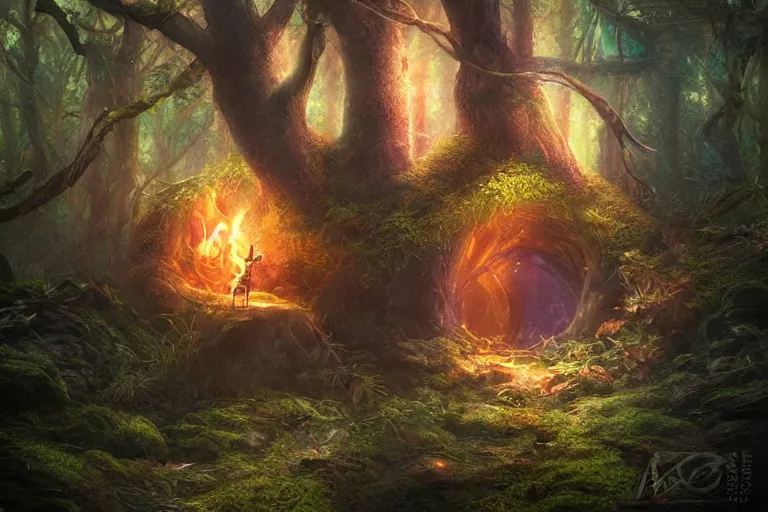 Prompt: Lost Fairy Portal to the Flame Realm Hidden in the Deep Woods, atmospheric, volumetric lighting, realistic, illustration, fantasy, magic, arcane energy, ultra detailed