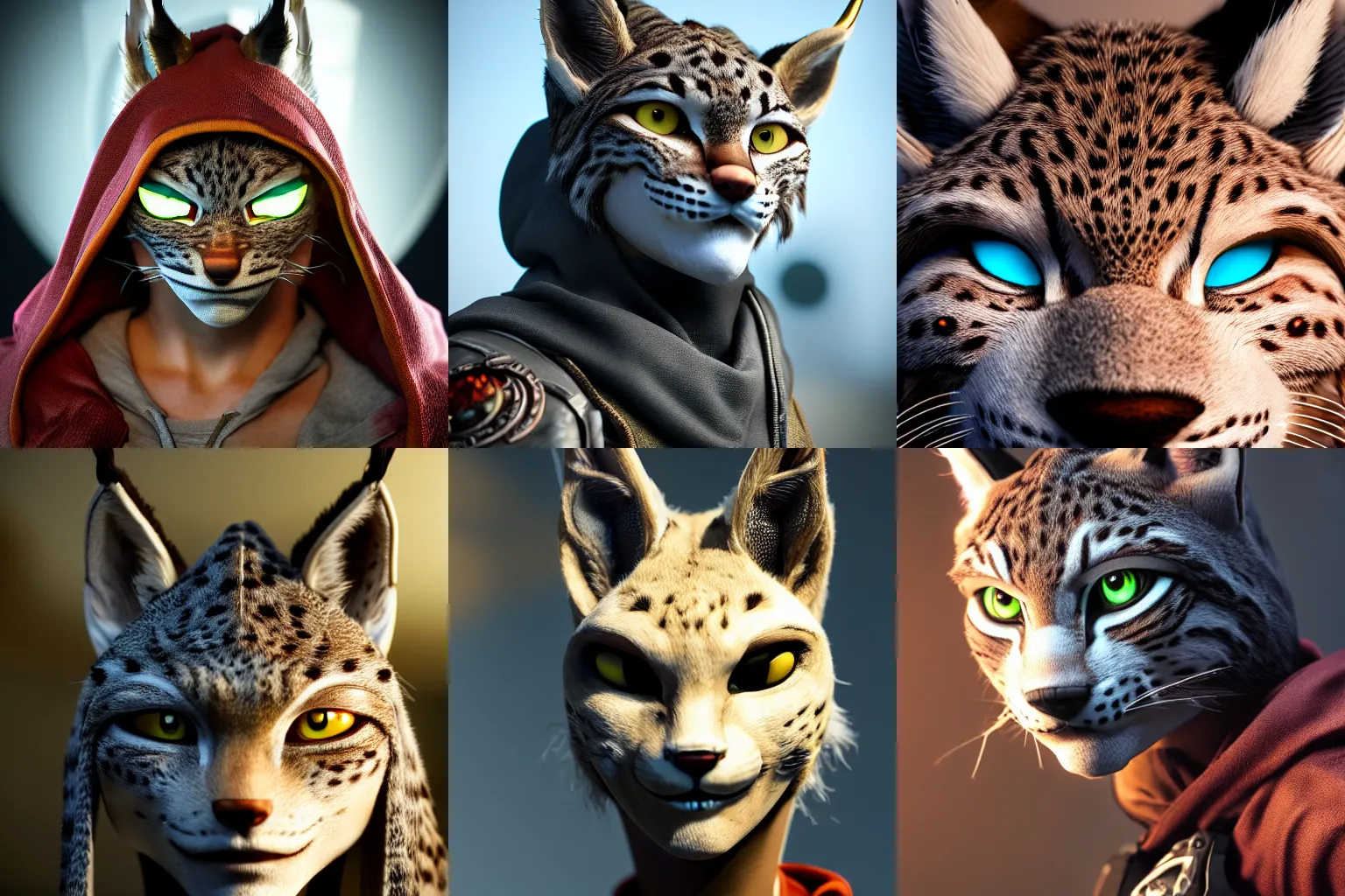 Prompt: incredibly realistic, too detailed face of lynx with hacker hoodie and venetian mask, octane render, bump mapping, macro image, global illumination, 8 k, bokeh, xenoblade, d & d, elder scrolls, one piece