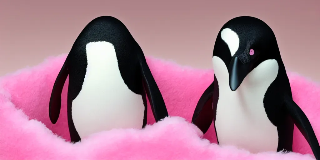 Image similar to realistic penguin sitting in an pink fluffy bed waving