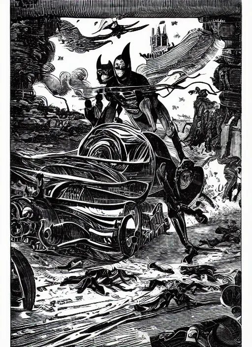 Prompt: 19th century wood-engraving of the batmobile, whole page illustration from Jules Verne book, art by Édouard Riou Jules Férat and Henri de Montaut, frontal portrait, high quality, beautiful, highly detailed, removed watermarks