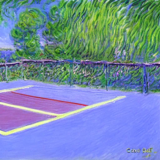 Prompt: tennis court, art by claude monet, impressionism, oil painting, bright colors, advertising painting