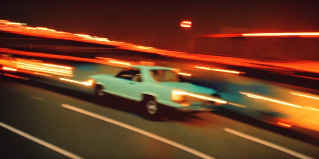 Image similar to 8 0 s movie still, high speed car chase on the highway at night with bright city in background, medium format color photography, 8 k resolution, arri 3 5 mm cinema, hyperrealistic, photorealistic, high definition, highly detailed, tehnicolor, anamorphic lens, award - winning photography, masterpiece