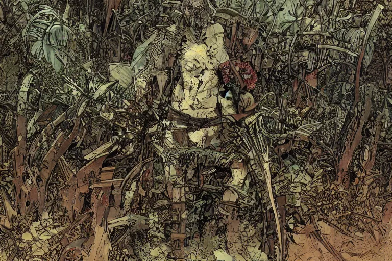 Image similar to abandoned overgrown graveyard, large crosses, spiny thorned giant plants, very coherent, intricate design, painting by Laurie Greasley, part by Yoji Shinkawa, part by Norman Rockwell