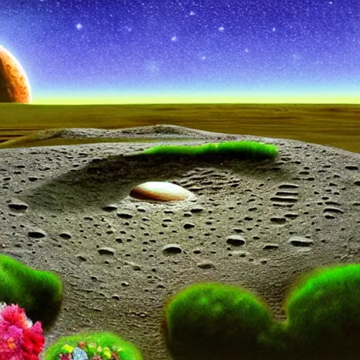 Image similar to a landscape on the moon with many craters, barren moon landscape, a broken moon lander, in a big crater at the center there is a beautiful flowering garden, 8 k, lowbrow in the style of roger dean and martin johnson heade,