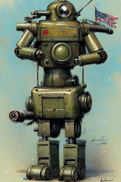 Prompt: (((((1950s military robot pet . muted colors.))))) by Jean-Baptiste Monge !!!!!!!!!!!!!!!!!!!!!!!!!!!