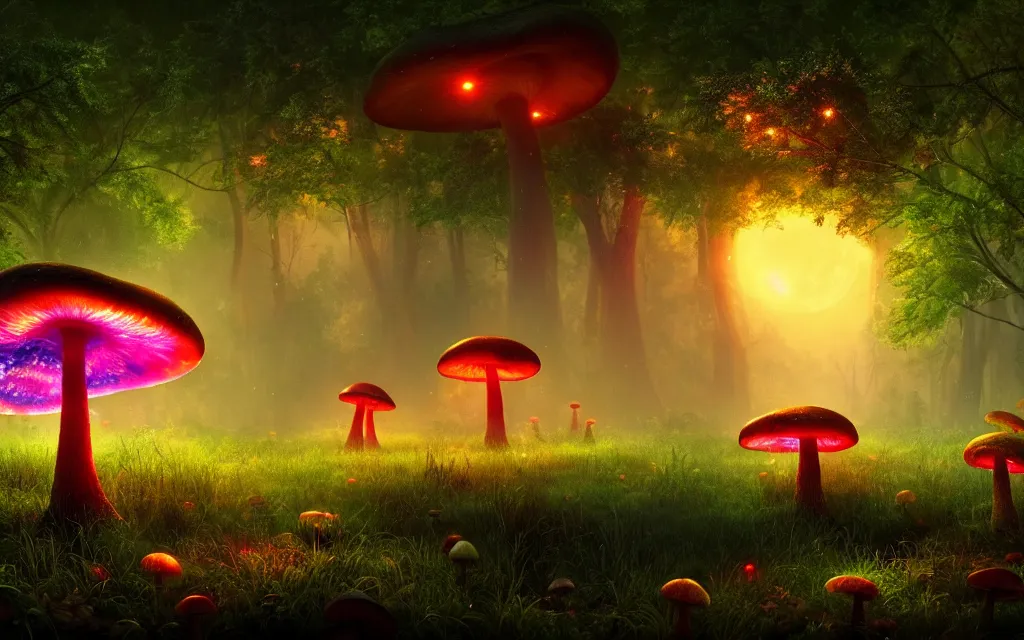 Image similar to a misty swamp with many colorful giant mushrooms, at night, fireflies!, full moon!, many trees!, beautiful lighting, fantasy colors, vivid colors!, highly detailed, octane render, 4 k, trending on artstation