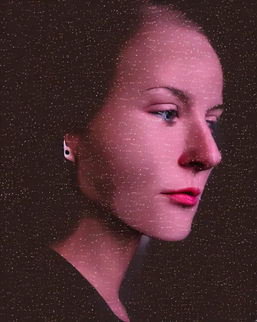 Prompt: a woman's face in profile, made of digital glitches, in the style of the dutch masters and gregory crewdson, dark and moody