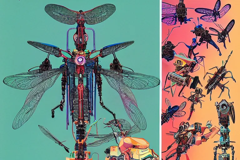 Image similar to gigantic dragonflies with human faces catch tiny robots, a lot of exotic mechas robots around, human heads everywhere, risograph, colorful flat surreal design, super - detailed, a lot of tiny details, fullshot, by luigi serafini and moebius