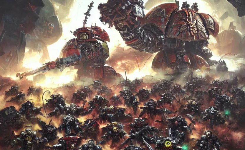 Prompt: warhammer 4 0 k emperor battling chaos gods, dramatic, scifi, epic, space battle, concept art
