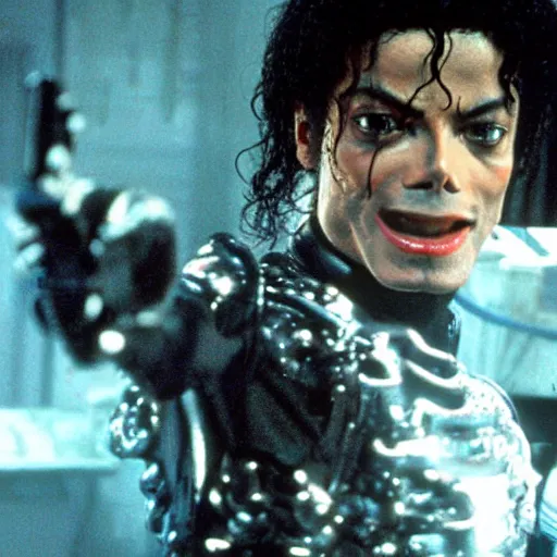 Image similar to michael jackson as the t - 1 0 0 0 in terminator 2, photo, still frame, cinematic