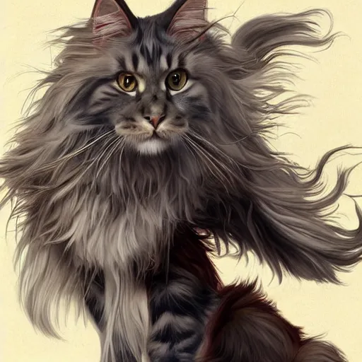 Prompt: maine coon, anthropomorphic large maine coon, bipedal, muskateer. character concept, digital painting, artstation, concept art, smooth, super sharp focus, illustration, art by artgerm and h r giger and alphonse mucha