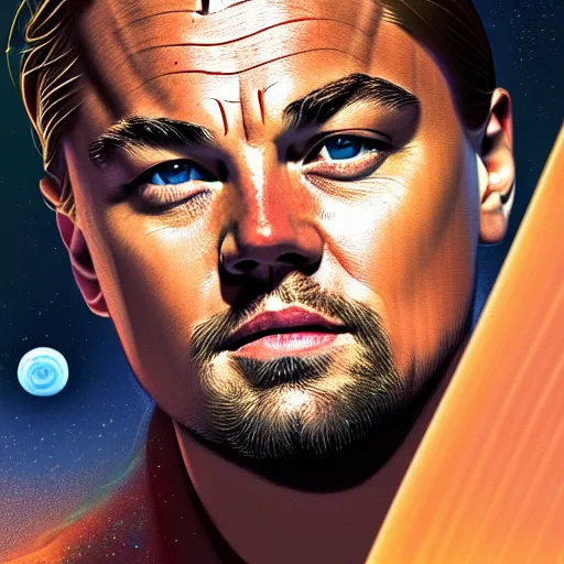 Prompt: centered detailed portrait of leonardo dicaprio in don't look up, futuristic, details, intricate, octane render, redshift, smooth, illustration, fairy lighting, stars and planets in the background, hyperrealistic, by dmitry prozorov, loish, and wlop, trending on artstation, hyperdetailed, hyperrealism