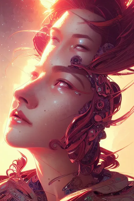 Image similar to beautiful female android!, half portrait, background explosion, intricate detailed environment, cell shaded, floro details, intricate, elegant, highly detailed, digital painting, artstation, concept art, smooth, sharp focus, illustration, art by artgerm and greg rutkowski and alphonse mucha, laurie greasley