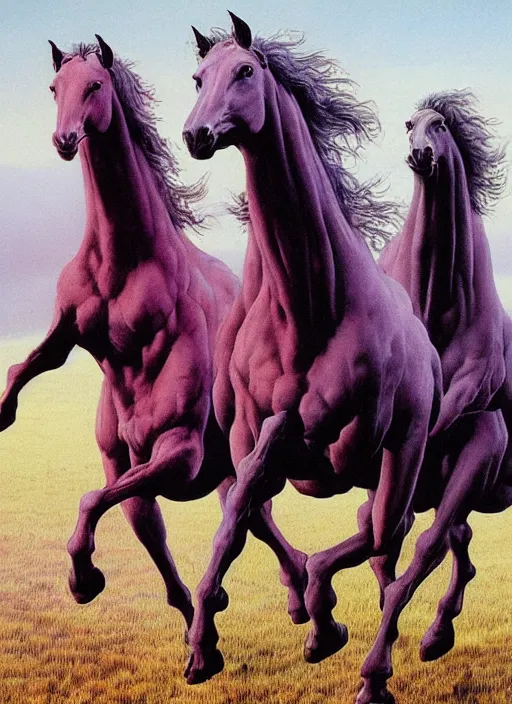 Prompt: three horses running in a field, by wayne barlowe,