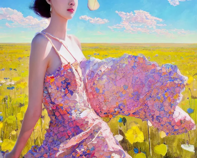 Prompt: lee jin - eun in elegant chic interstellar dress emerging from gold gold by martine johanna, michael garmash and katsuhiro otomo, rule of thirds, seductive look, beautiful, cotton candy clouds, puyallup berteronian, himalayan poppy flowers, gorgeous, face anatomy, refined, masterpiece