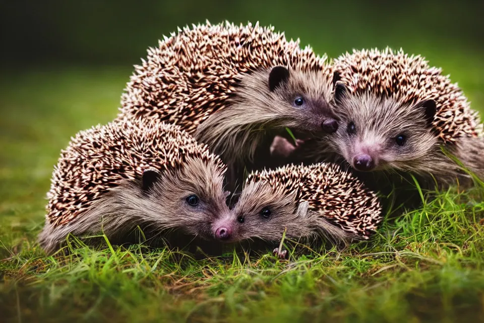 Prompt: a cute family of colourful hedgehogs, nature photography, 4k, HD photography