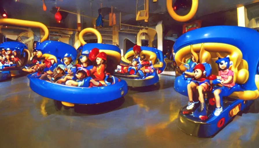 Image similar to 1990s photo of inside the Sonic ride at Universal Studios in Orlando, Florida, children riding through a sonic level, rings, cinematic, UHD