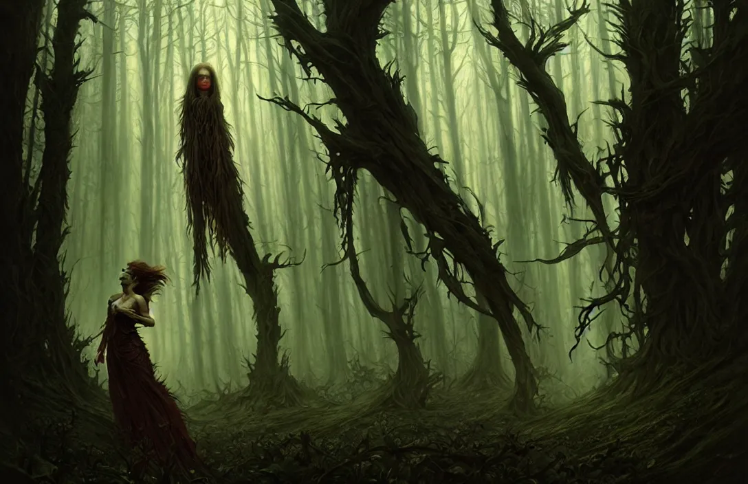 Image similar to monster inside a dark horror forest, heroic lighting, folklore, intricate, elegant, highly detailed, lifelike, photorealistic, digital painting, artstation, illustration, concept art, smooth, sharp focus, art by John Collier and Albert Aublet and Krenz Cushart and Artem Demura and Alphonse Mucha