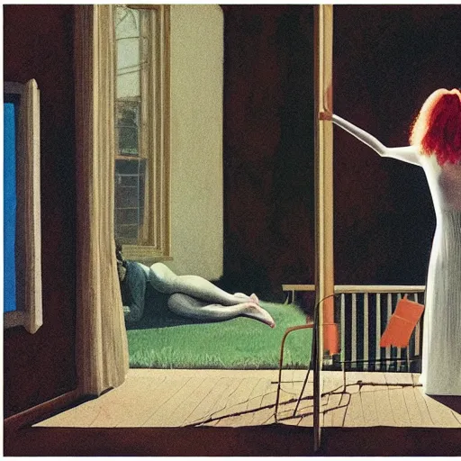 Image similar to Elle Fanning in the painted world of Suspiria, head and shoulders masterpiece, apocalypse, golden hour, cosmic horror, artstation, in the style of Andrew Wyeth and Edward Hopper and Bosch, extremely detailed