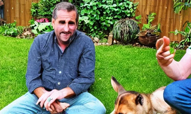 Image similar to My dad Steve just took a hit from the bongo and have good time being gracefully relaxed in the garden, sunset lighting. My second name is Carell. My dad second name is Carell. Im the dog and Steve Carell is my dad. Detailed face