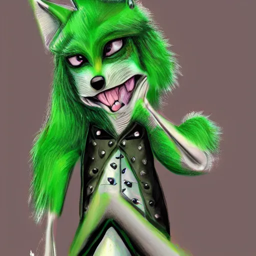 Image similar to Beautiful digital painting of an anthro anthropomorphic pastel-green wolf, Punk outfit.