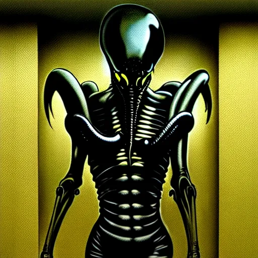 Image similar to black glossy xenomorph, alien movie, endless empty office building, pale yellow wallpaper, moist brown carpet, dim fluorescent lighting, artstation, ultra detailed, creepy, dramatic lighting, photorealistic, art by h. r. giger and chris fss