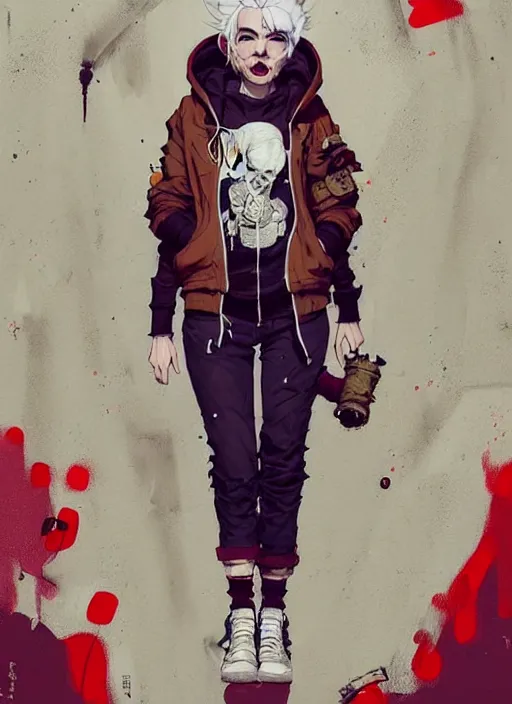 Image similar to highly detailed portrait of a sewer punk canadian lady, tartan hoody, white hair by atey ghailan, by greg rutkowski, by greg tocchini, by james gilleard, by joe fenton, by kaethe butcher, gradient red, brown, blonde cream and white color scheme, grunge aesthetic!!! ( ( graffiti tag wall background ) )