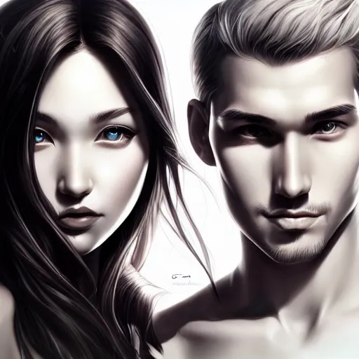 Image similar to perfectly centered symmetrical split male and female portrait of man and woman in love sharing one heart ; art by artgerm, photorealistic, highly detailed ; trending on artstation