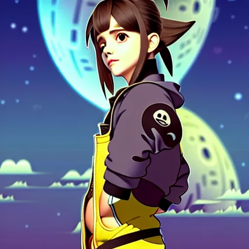 Image similar to beautiful boyish emma watson in majora's mask, wearing oversized mayan bomber jacket with overalls and leotard, bulky poofy bomber jacket with mayan patterns, aztec street fashion, gapmoe yandere grimdark, trending on pixiv fanbox, painted by greg rutkowski makoto shinkai takashi takeuchi studio ghibli, akihiko yoshida