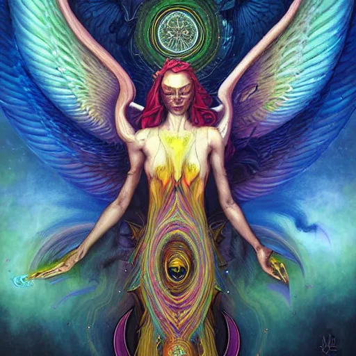Image similar to psychedelic dmt angel artwork of esao andrews, frank peter mohrbacher, energy body, sacred geometry, esoteric art, divinity, detailed, tarot art