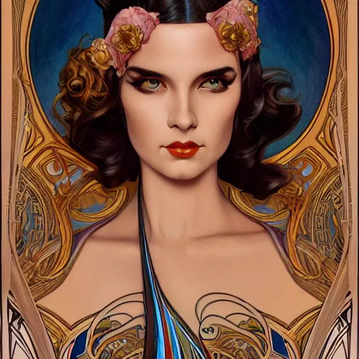 Image similar to an art nouveau, ( streamline moderne ), multi - racial portrait in the style of anna dittmann and donato giancola and gaston bussiere. very large, clear, expressive, and intelligent eyes. centered, ultrasharp focus, dramatic lighting, photorealistic digital matte painting, intricate symmetrical ultra detailed background.