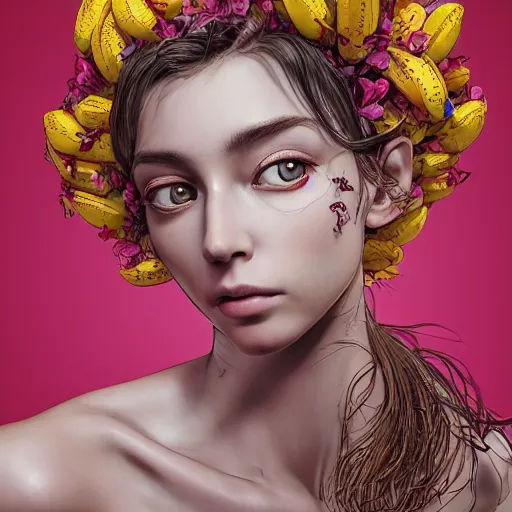 Image similar to the portrait of an absurdly beautiful, graceful, elegant innocent woman made of bananas and petals looking up, an ultrafine detailed illustration by kim jung gi, irakli nadar, intricate linework, bright colors, octopath traveler, final fantasy, angular, unreal engine 5 highly rendered, global illumination, radiant light, detailed and intricate environment