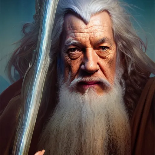 Image similar to a portrait of gandalf cinematic lighting, photorealistic, octane render, 8 k, depth of field, 3 d, art by artgerm and greg rutkowski and alphonse mucha and uang guangjian and gil elvgren and sachin ten