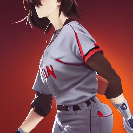Image similar to anime style, female baseball player, red sport clothing, elegant, launching a straight ball, brown short hair, hair down, symmetrical facial features, from arknights, hyper realistic, rule of thirds, extreme detail, 4 k drawing, safebooru, realistic lighting, by alphonse mucha, greg rutkowski, sharp focus, backlit