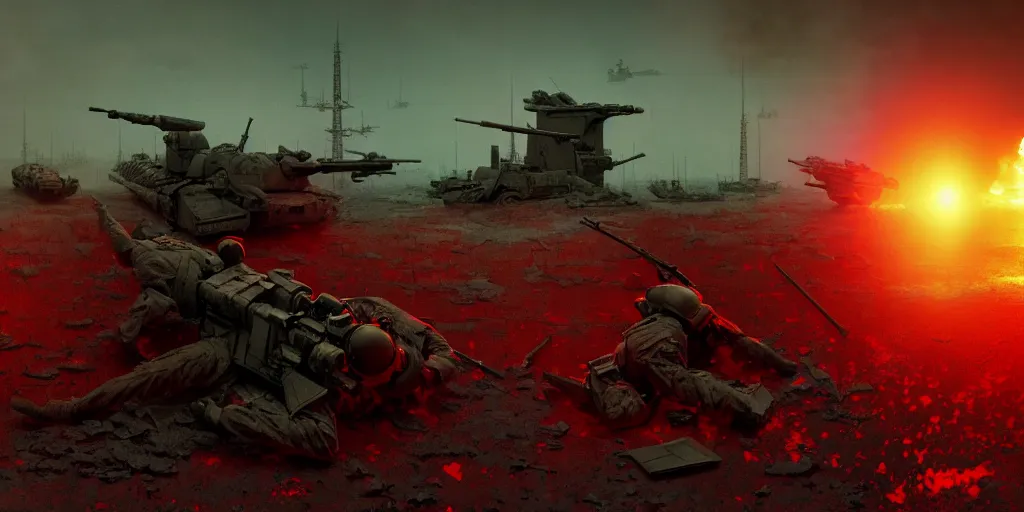 Prompt: the forces of the american empire engaged in nuclear combat with the chinese communist party, devastating, post apocalyptic, in the style of ilya repin, shattered land, extreme details, hyperrealistic, maya render, blender, arthur, octane render, 8 k, dynamic lighting, red sun, ash, realistic, photograph, 2 0 mm