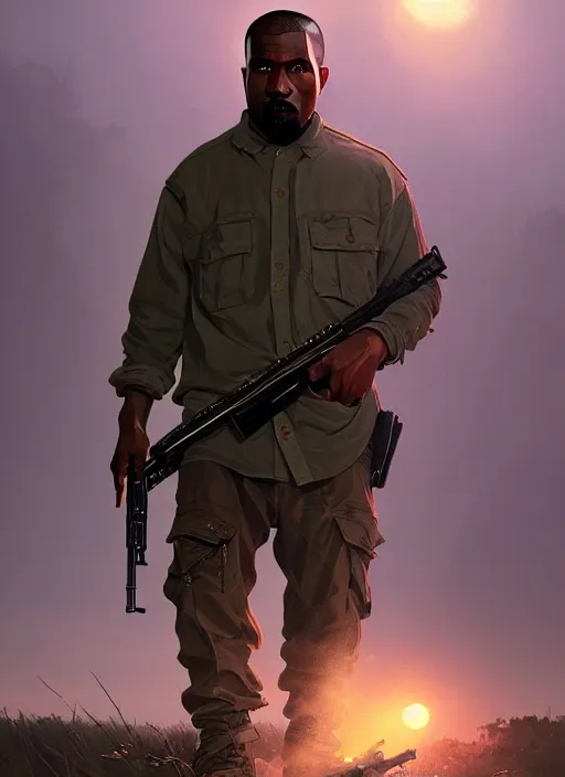 Image similar to highly detailed portrait kanye west holding rifle in gta v stephen bliss unreal engine fantasy art by greg rutkowski loish rhads ferdinand knab makoto shinkai lois van baarle ilya kuvshinov rossdraws tom bagshaw global illumination radiant light detailed intricate environment