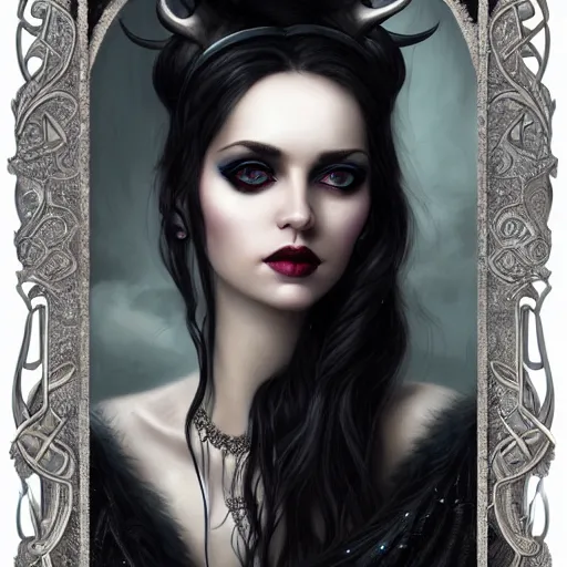 Prompt: full length portrait of a beautiful woman with horns, large piercing blue eyes, long wavy black hair, long black dress with silver jewels, black bat wings on back, detailed background, by tom bagshaw