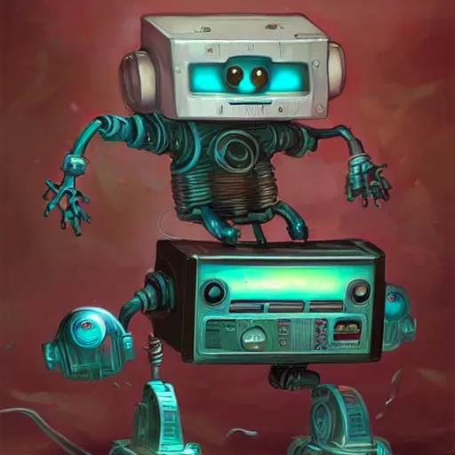 Image similar to robot [ thing ], holding a boombox, holding a bomb, tiny, small, short, cute and adorable, pretty, beautiful, dnd character art portrait, matte fantasy painting, deviantart artstation, by jason felix by steve argyle by tyler jacobson by peter mohrbacher, cinema