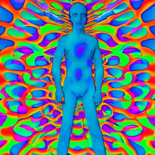 Image similar to man trasforming into an enlightened being, psychedelic, vaporwave,'9 0 s