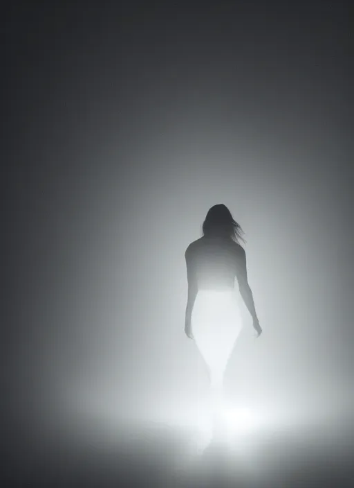 Image similar to a female silhouette, bright glowing translucent aura, fog, film grain, cinematic lighting