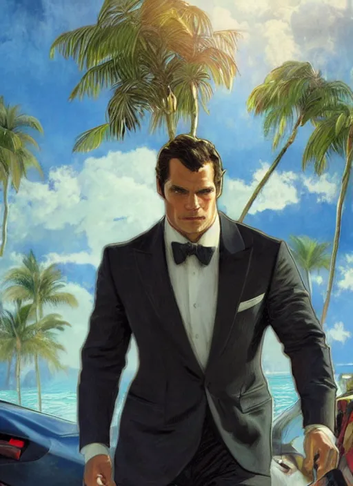 Prompt: portrait of henry cavill as james bond, casino, key art, sprinting, palm trees, woman in background, highly detailed, digital painting, artstation, concept art, cinematic lighting, sharp focus, illustration, by gaston bussiere alphonse mucha