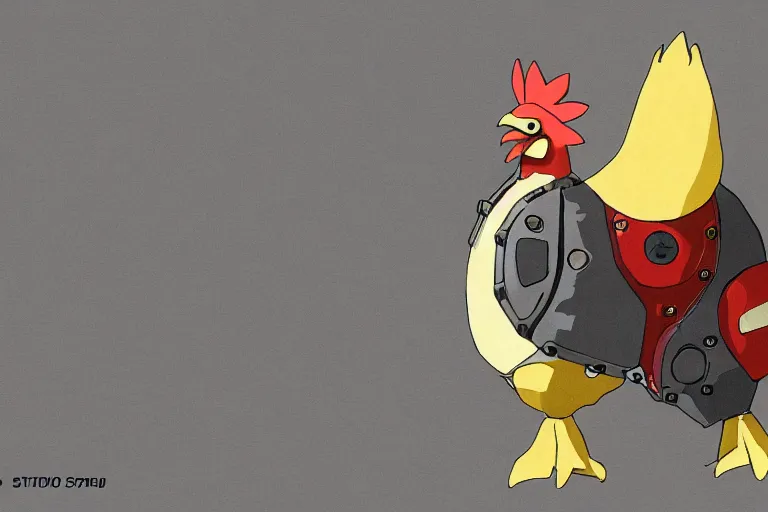 Image similar to heavily armoured mechanical chicken by studio ghibli