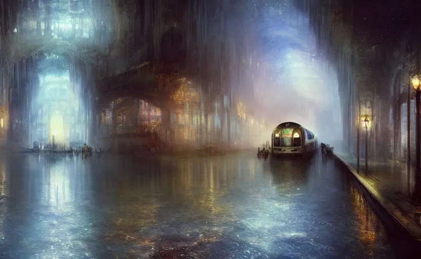 Image similar to an urban train rides inside of a waterway on a fantasy city. by artstation trending, by joseph mallord william turner, luis royo, konstantin razumov, cinematic lighting, fractal flame, highly detailed