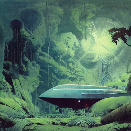 Prompt: spaceship in a mystic jungle by Frank frazetta, by Dan mcpharlin