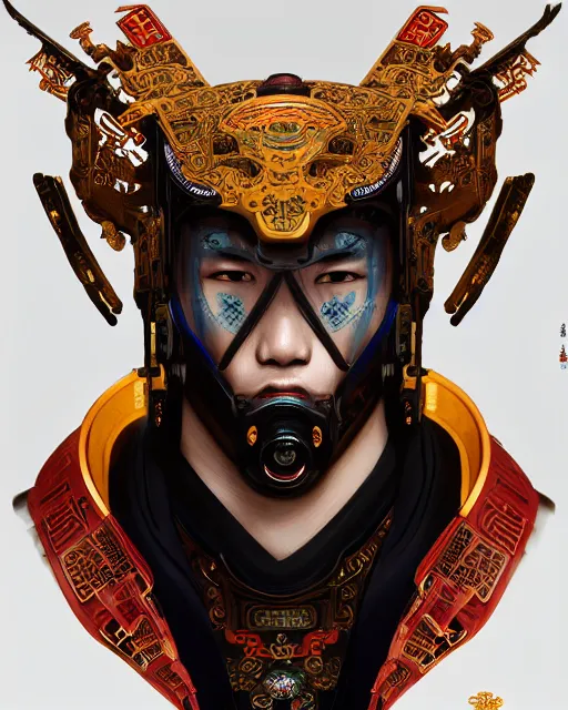 Image similar to portrait of a masculine male cyberpunk machine, machine face, upper half portrait, decorated with chinese opera motifs, asian, fine china, wuxia, traditional chinese art, intricate, elegant, highly detailed, symmetry, headpiece, digital painting, artstation concept art smooth sharp focus, illustration, art by artgerm and greg rutkowski alphonse mucha 8 k